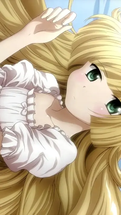 Blonde-haired girl lying down in white clothes
