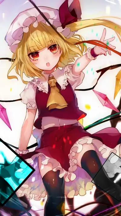 Blonde-haired girl with red eyes, wearing a white bonnet and red dress