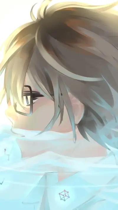Blonde haired person with glasses, bathed in light