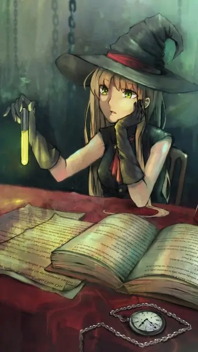 Blonde-haired witch studying a potion at her desk next to an opened magic book
