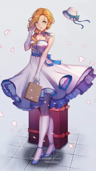 Blonde-haired woman in dress, standing on suitcase with falling cherry blossoms.