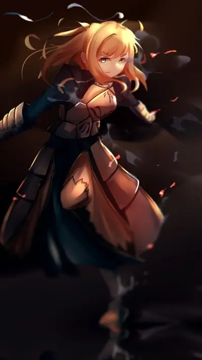 Blonde knight in action poses, with glowing armor and flowing hair
