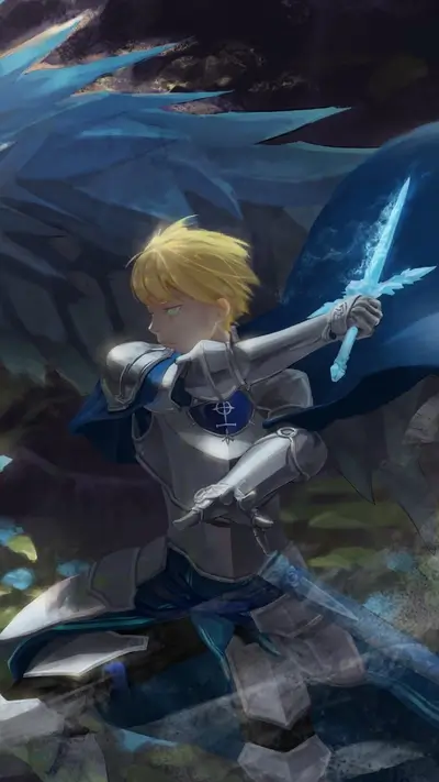 Blonde knight in armor wielding crystalline sword, mystical energy surrounding