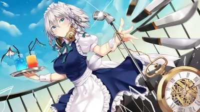 Blonde maid holding drinks with decorative straws, clock and blades on blue sky