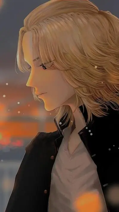 Blonde male character side profile view with sunset glow