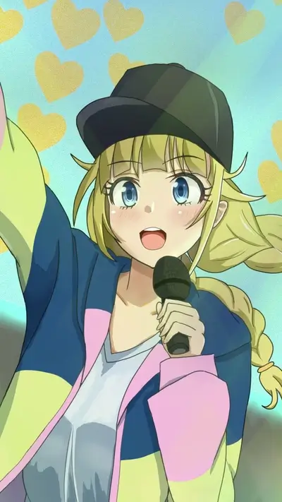Blonde performer sings, backed with heart symbols