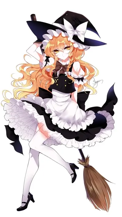 Blonde witch maid in black and white dress, holding broom