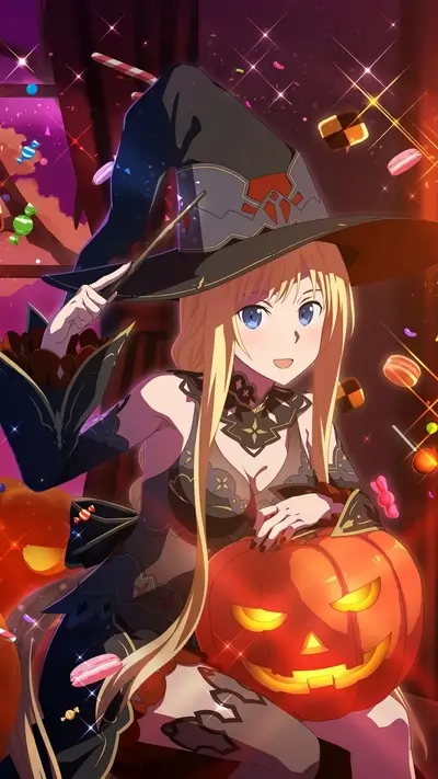 Blonde witch with pumpkin, candy, and magic in Halloween theme