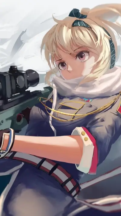 Blonde woman aiming sniper rifle, tactical gear and serious expression