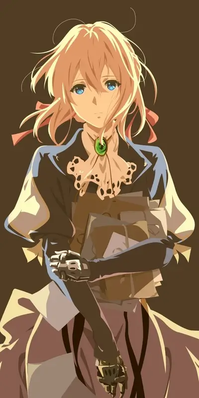 Blonde woman character holding documents with robotic hands