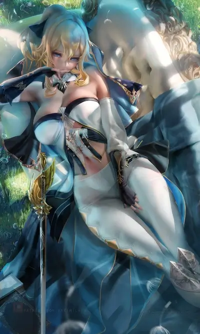 Blonde woman in elegant fantasy attire, sword at her side