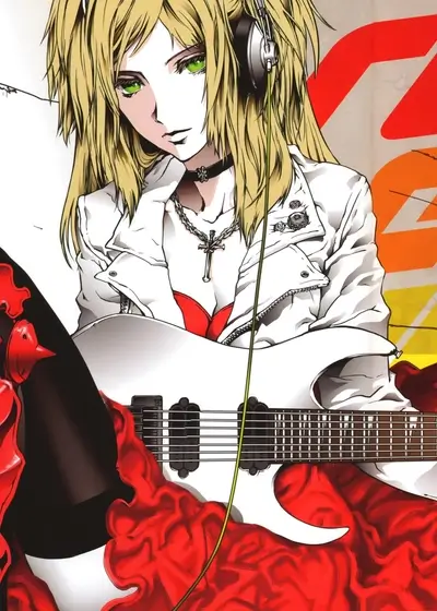 Blonde woman playing a guitar, wearing headphones.