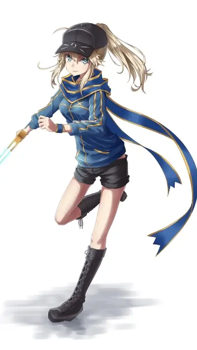 Blonde woman with blue eyes wielding energy sword