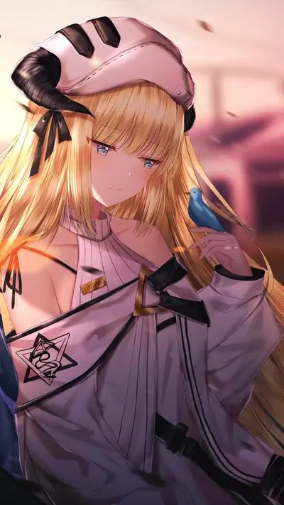 Blonde woman with horns, blue bird on finger, gazing downward