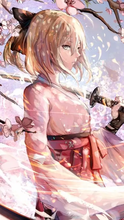 Blonde woman with katana, cherry blossom blooms, flowing kimono, and gentle lighting