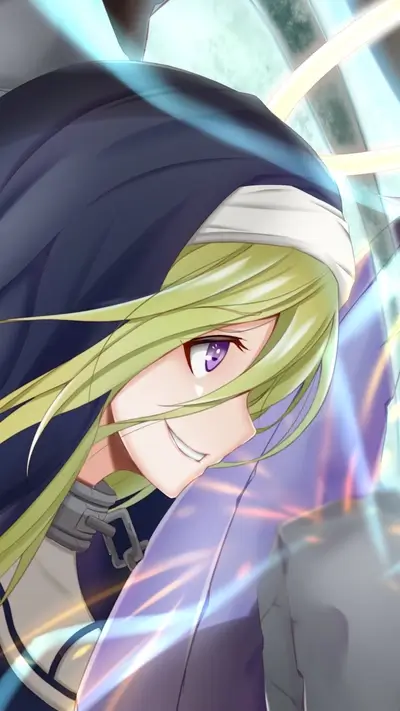 Blonde woman with purple eyes smiles slyly