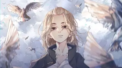 Blonde young man surrounded by flying birds against bright sky