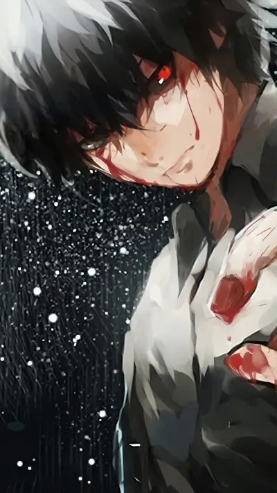 Bloody anime character stares intensely, red eyes glaring, dark background scattered with stars