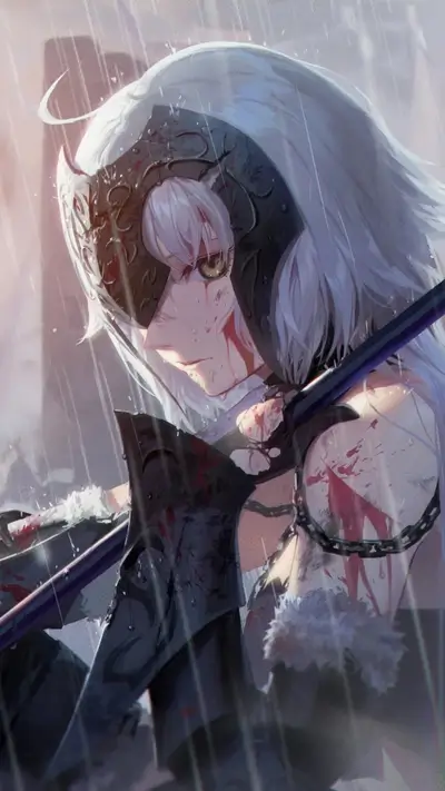 Bloody anime warrior woman in rain, bearing a battle-worn look