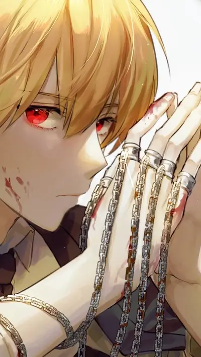 Bloody boy with chains and rings on his hands