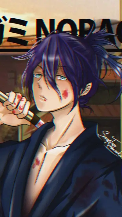 Bloody boy with dark hair holding a weapon