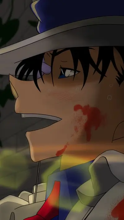 Bloody face of an anime character with a hat on, looking left