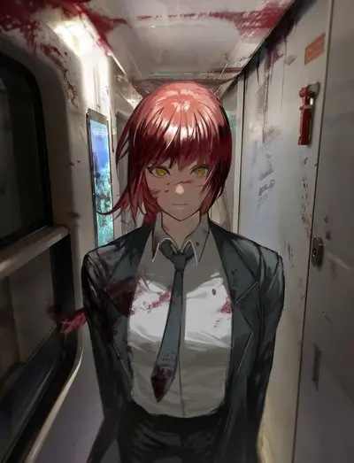 Bloody girl in a train corridor