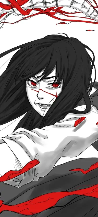 Bloody girl with red eyes and scars
