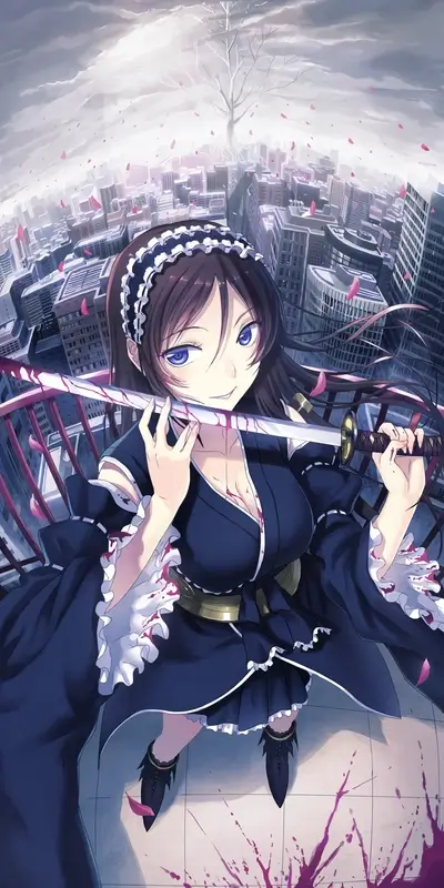 Bloody katana-wielding girl on a rooftop
