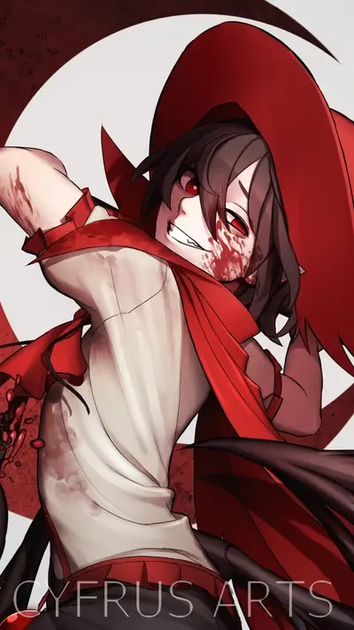 Bloody red-hatted character with a sinister grin
