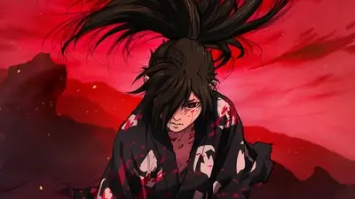 Bloody samurai warrior in a red landscape