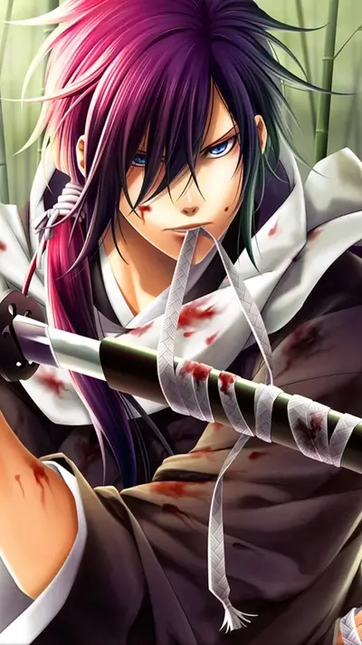 Bloody samurai with pink hair holding a sword