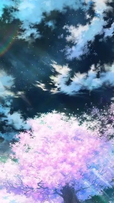Blooming pink cherry blossom tree under starry skies, ethereal and serene