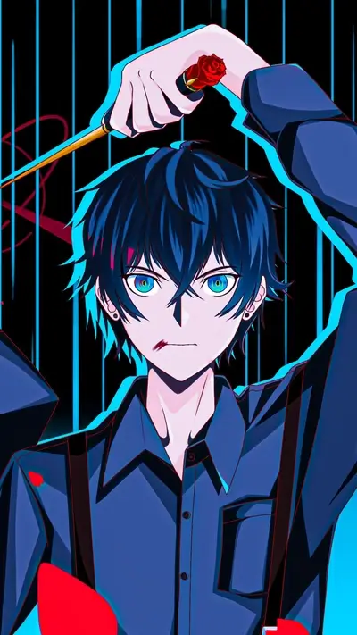 Blue-haired anime character holding a rose-topped dagger overhead, striking pose