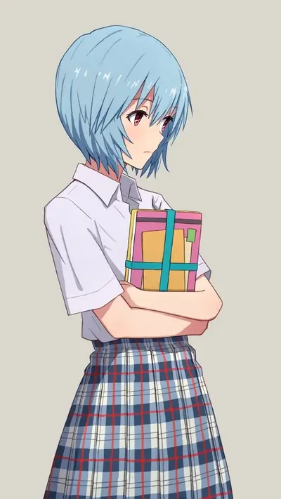 Blue haired anime girl holding books and wearing a school uniform skirt