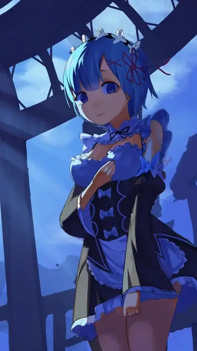 Blue-haired anime girl in maid outfit, with large eyes and cute expression