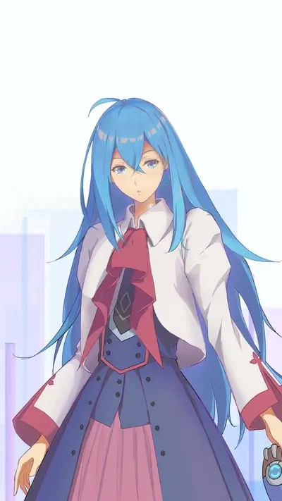 Blue-haired anime girl with white jacket and red accents in a digital city