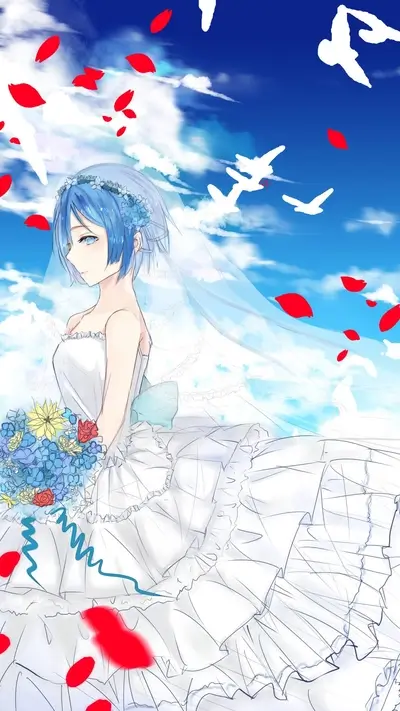 Blue-haired bride in a white dress, flying birds and red petals