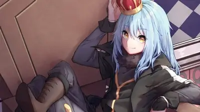 Blue haired character wearing gold crown sitting on throne