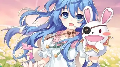 Blue haired girl holding rabbit puppet in flower field