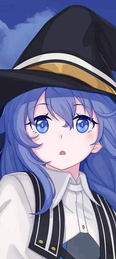Blue-haired girl in a witch hat