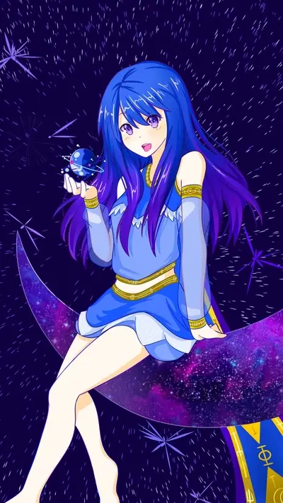 Blue-haired girl sitting on moon, holding planet