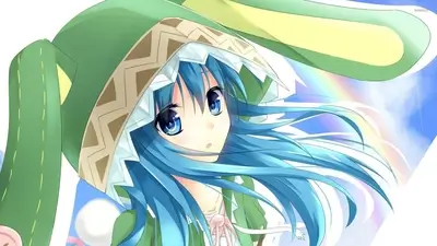 Blue haired girl wearing a green bunny hood with long ears
