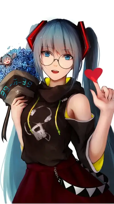 Blue-haired girl with glasses holding a heart