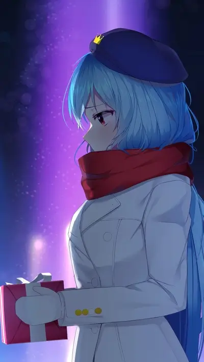 Blue-haired girl with red scarf, holding a present, wearing a cap.