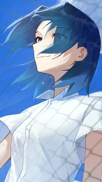 Blue-haired girl with teardrops, wearing a white shirt, with a net overlay