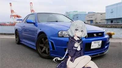 Blue sports car parked near a harbor with an anime girl