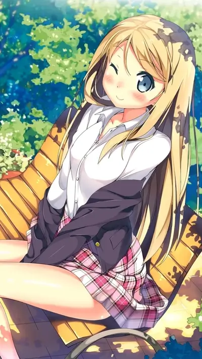 Blush and wink on a park bench
