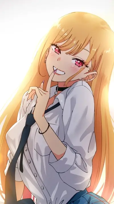 Blush, playful smile, long blonde hair