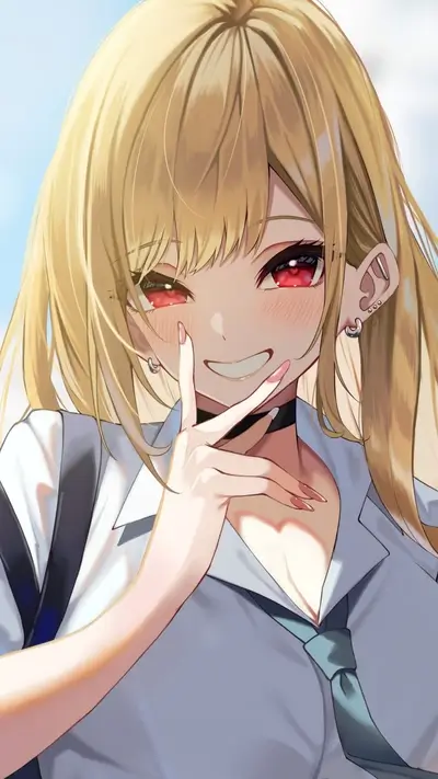 Blush, playful smile, school uniform